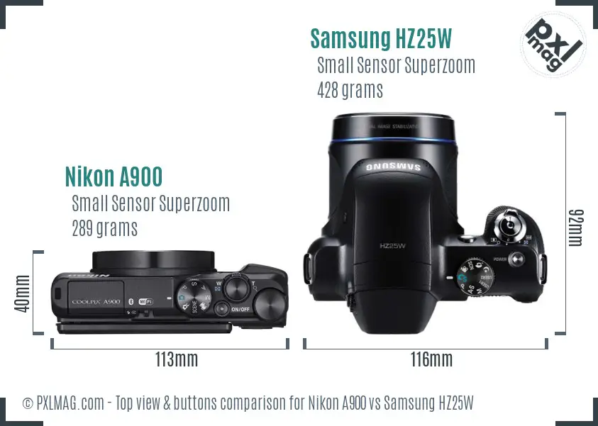 Nikon A900 vs Samsung HZ25W top view buttons comparison