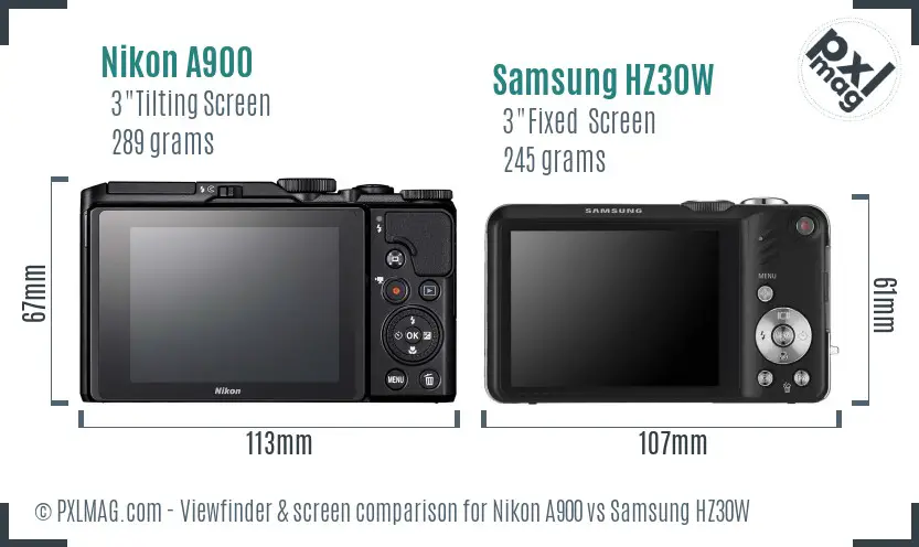 Nikon A900 vs Samsung HZ30W Screen and Viewfinder comparison