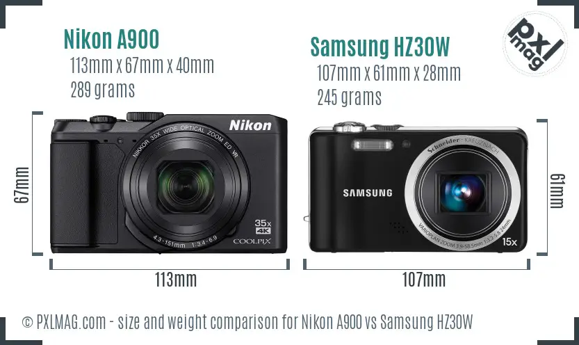 Nikon A900 vs Samsung HZ30W size comparison
