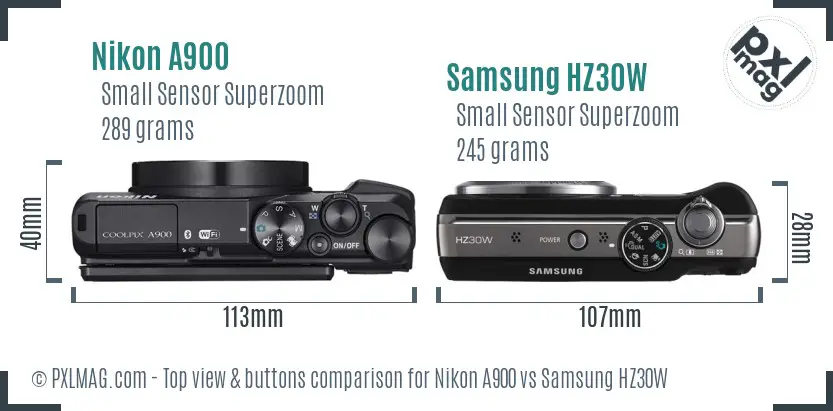 Nikon A900 vs Samsung HZ30W top view buttons comparison