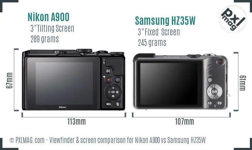 Nikon A900 vs Samsung HZ35W Screen and Viewfinder comparison