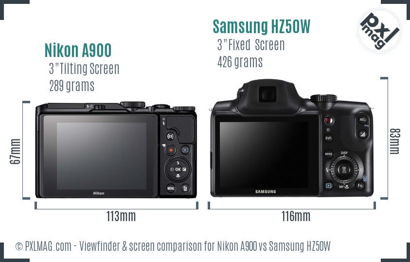 Nikon A900 vs Samsung HZ50W Screen and Viewfinder comparison