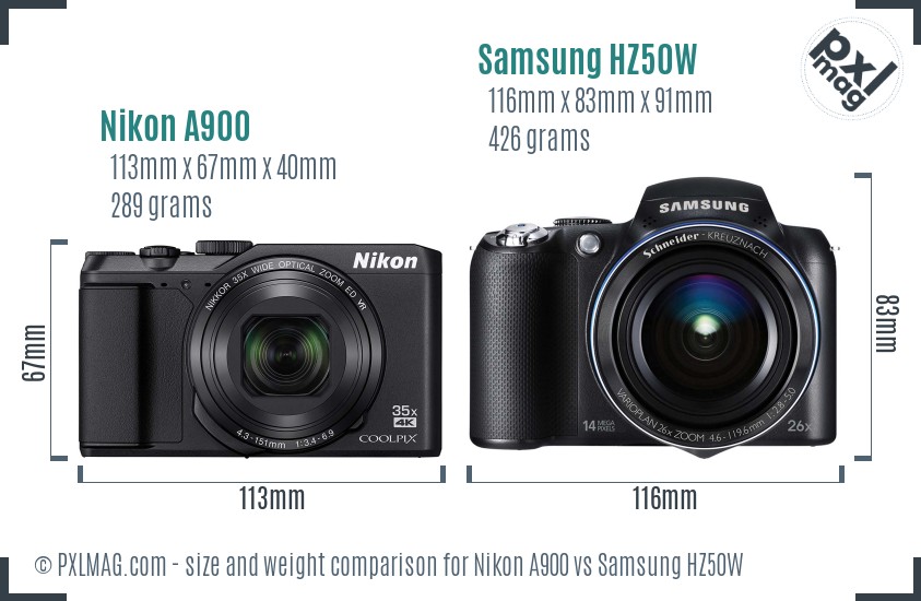 Nikon A900 vs Samsung HZ50W size comparison