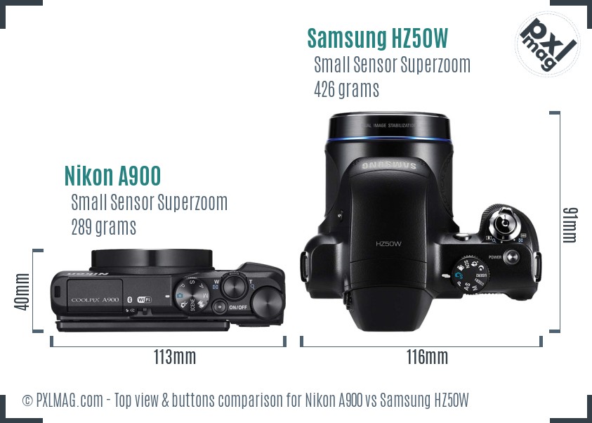 Nikon A900 vs Samsung HZ50W top view buttons comparison