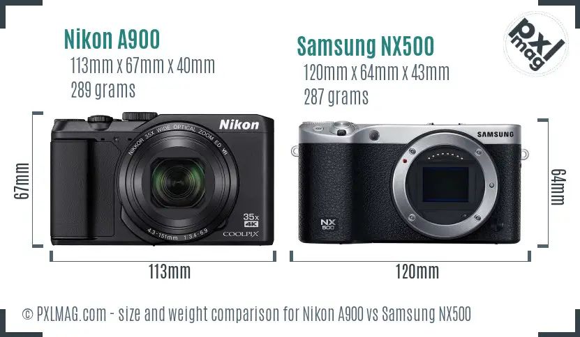 Nikon A900 vs Samsung NX500 size comparison