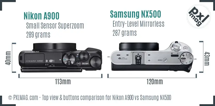 Nikon A900 vs Samsung NX500 top view buttons comparison