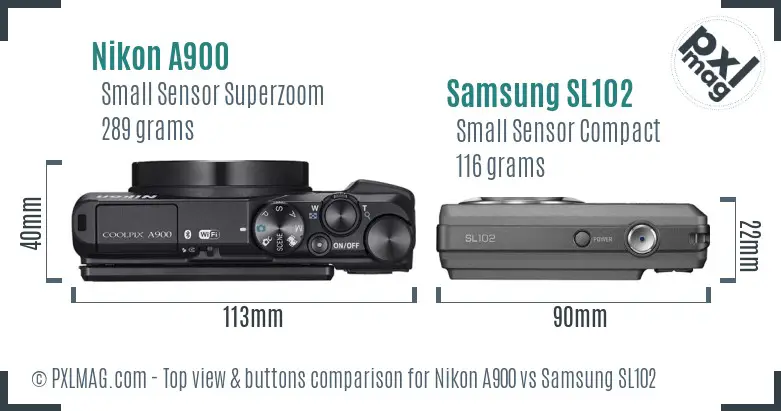 Nikon A900 vs Samsung SL102 top view buttons comparison