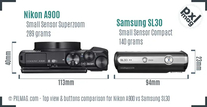 Nikon A900 vs Samsung SL30 top view buttons comparison
