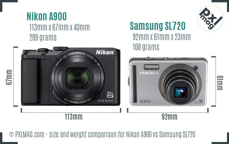 Nikon A900 vs Samsung SL720 size comparison