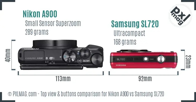 Nikon A900 vs Samsung SL720 top view buttons comparison