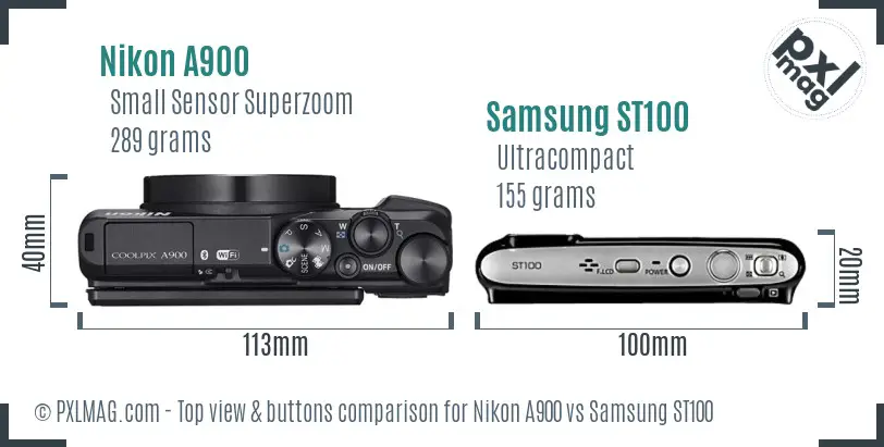 Nikon A900 vs Samsung ST100 top view buttons comparison
