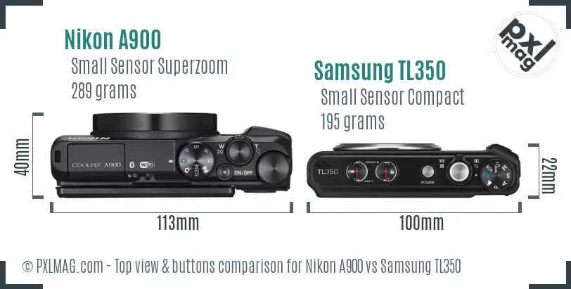 Nikon A900 vs Samsung TL350 top view buttons comparison Nikon A900 vs Samsung TL350 top view buttons comparison