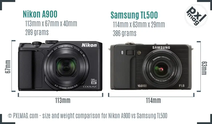 Nikon A900 vs Samsung TL500 size comparison