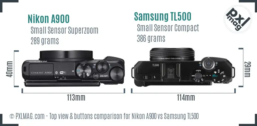 Nikon A900 vs Samsung TL500 top view buttons comparison