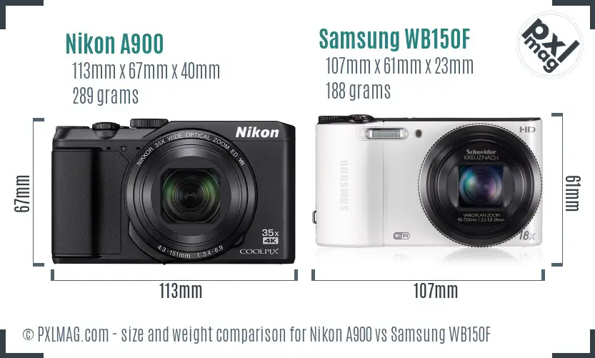 Nikon A900 vs Samsung WB150F size comparison