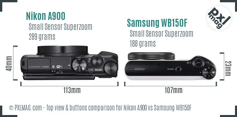 Nikon A900 vs Samsung WB150F top view buttons comparison