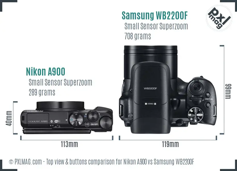 Nikon A900 vs Samsung WB2200F top view buttons comparison