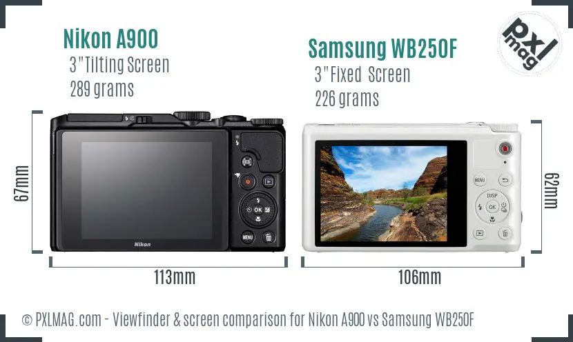 Nikon A900 vs Samsung WB250F Screen and Viewfinder comparison