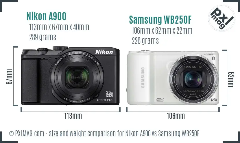 Nikon A900 vs Samsung WB250F size comparison