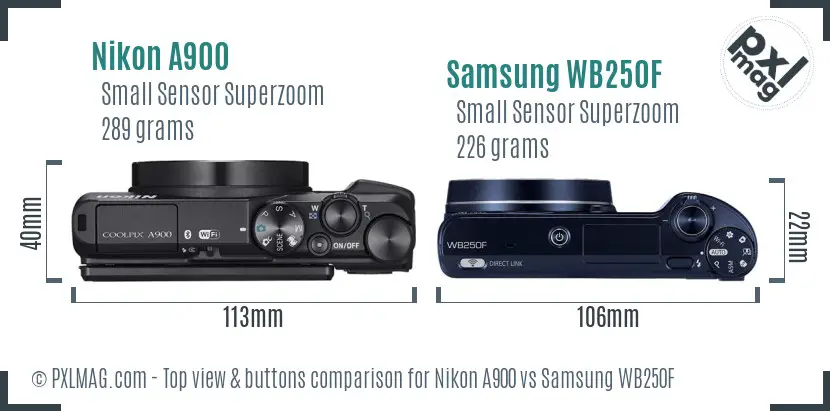 Nikon A900 vs Samsung WB250F top view buttons comparison