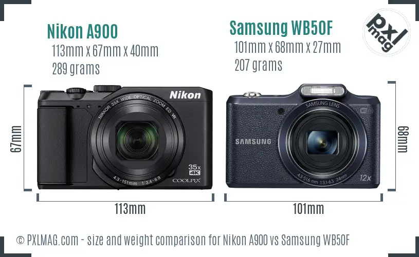 Nikon A900 vs Samsung WB50F size comparison