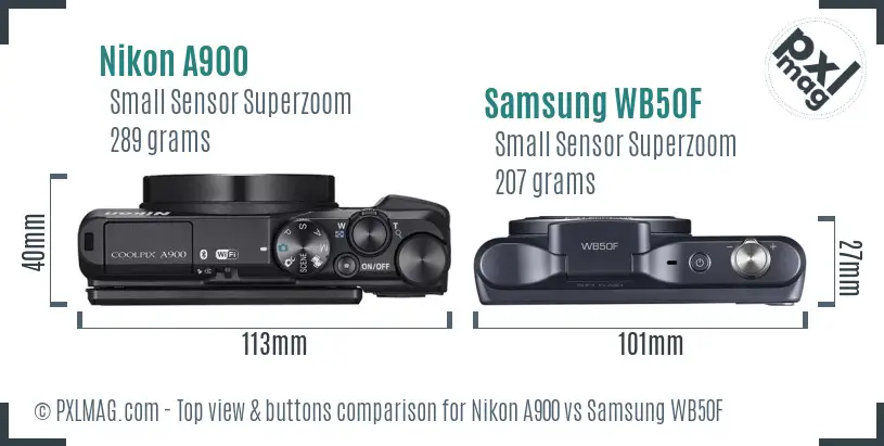 Nikon A900 vs Samsung WB50F top view buttons comparison
