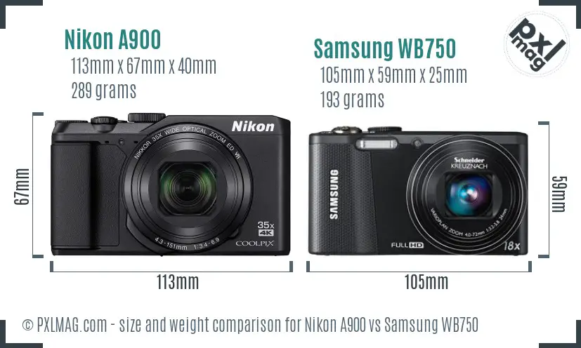 Nikon A900 vs Samsung WB750 size comparison