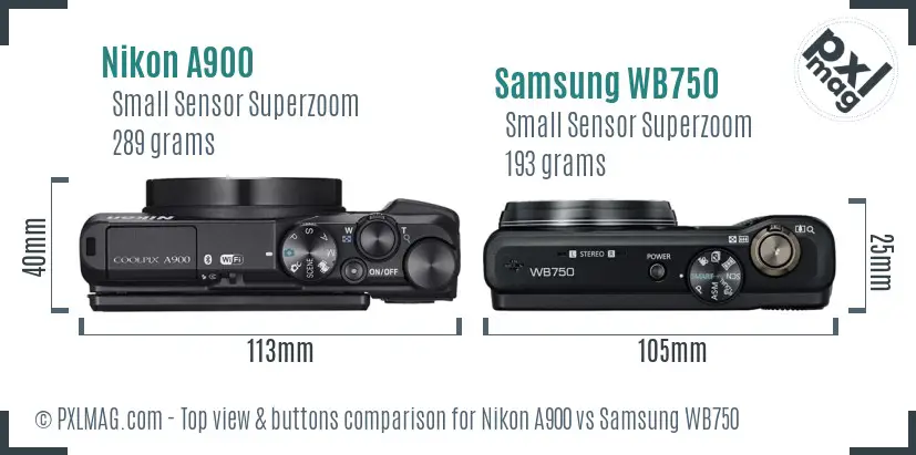 Nikon A900 vs Samsung WB750 top view buttons comparison