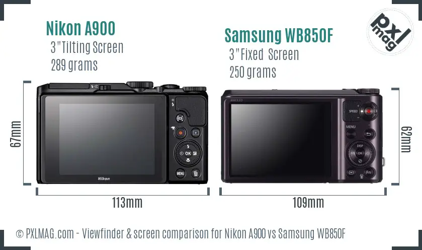 Nikon A900 vs Samsung WB850F Screen and Viewfinder comparison