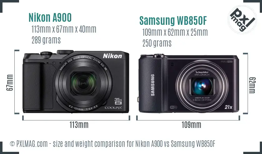 Nikon A900 vs Samsung WB850F size comparison