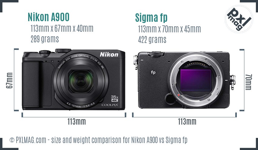 Nikon A900 vs Sigma fp size comparison