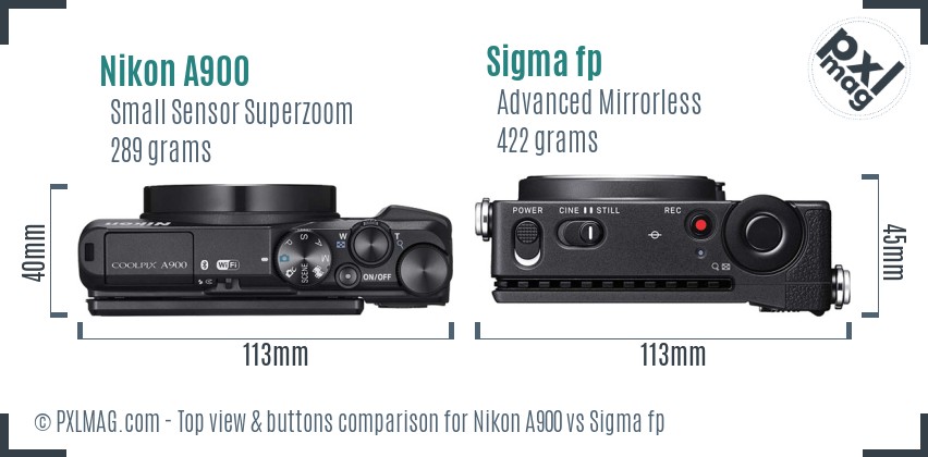 Nikon A900 vs Sigma fp top view buttons comparison
