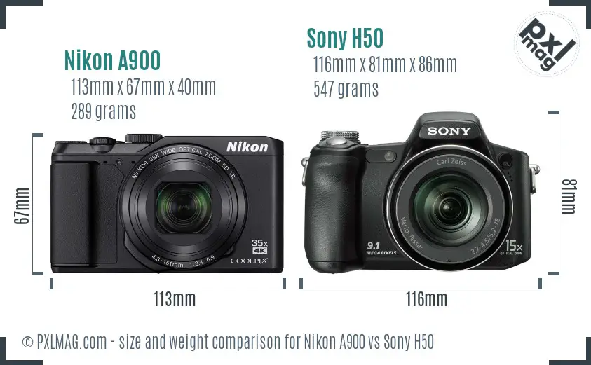 Nikon A900 vs Sony H50 size comparison