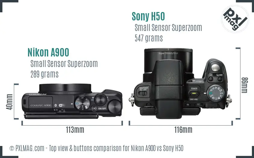 Nikon A900 vs Sony H50 top view buttons comparison