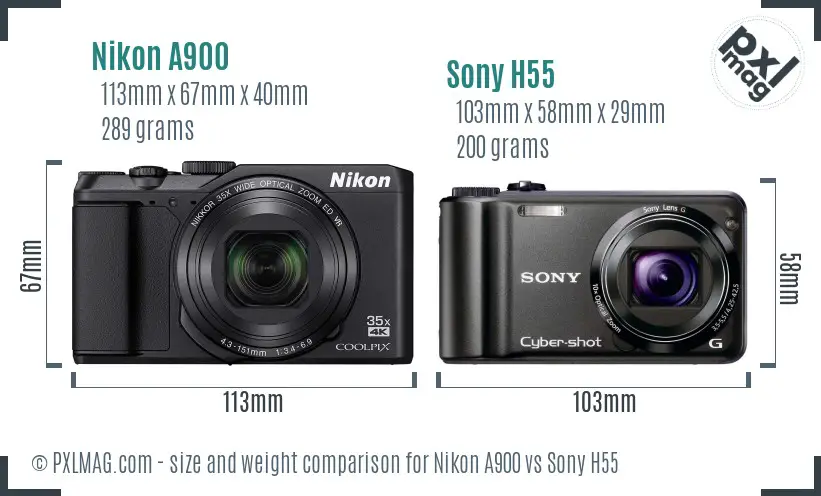 Nikon A900 vs Sony H55 size comparison