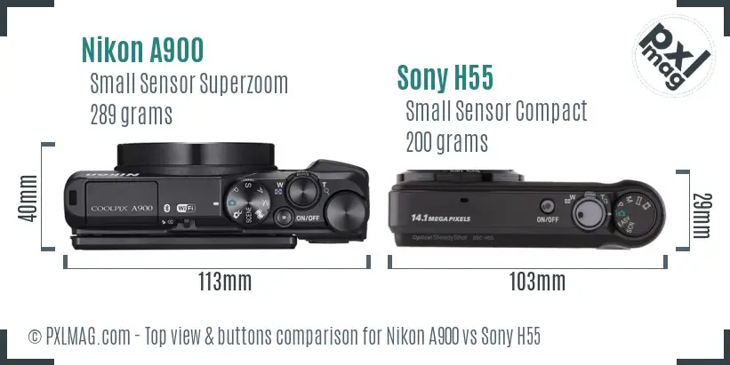 Nikon A900 vs Sony H55 top view buttons comparison