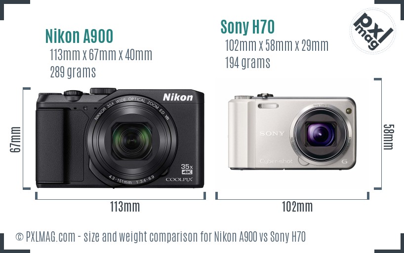 Nikon A900 vs Sony H70 size comparison