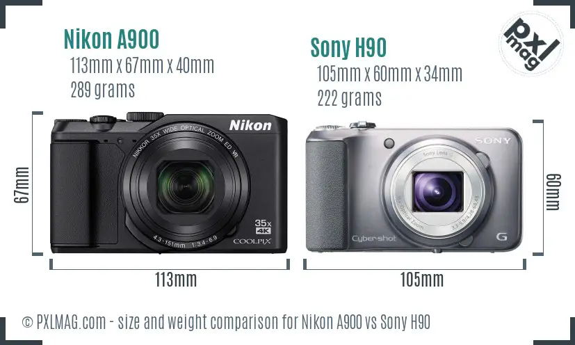 Nikon A900 vs Sony H90 size comparison