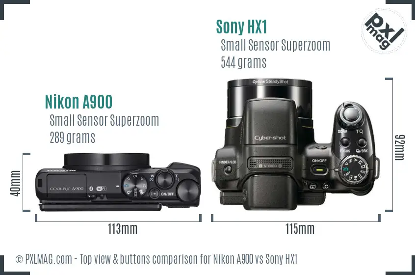Nikon A900 vs Sony HX1 top view buttons comparison