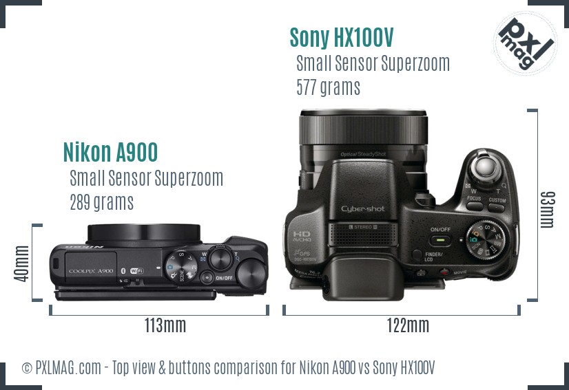 Nikon A900 vs Sony HX100V top view buttons comparison