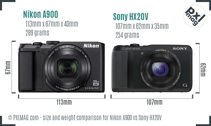 Nikon A900 vs Sony HX20V size comparison