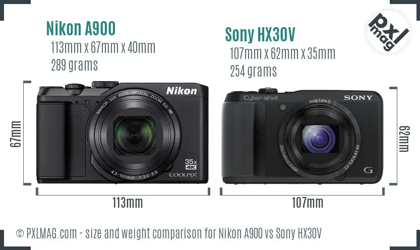 Nikon A900 vs Sony HX30V size comparison