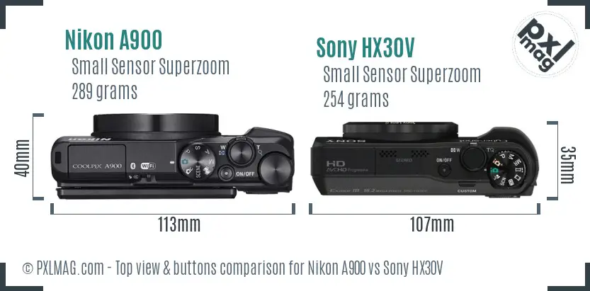 Nikon A900 vs Sony HX30V top view buttons comparison