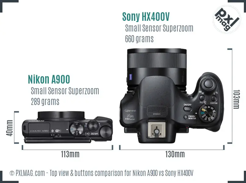 Nikon A900 vs Sony HX400V top view buttons comparison