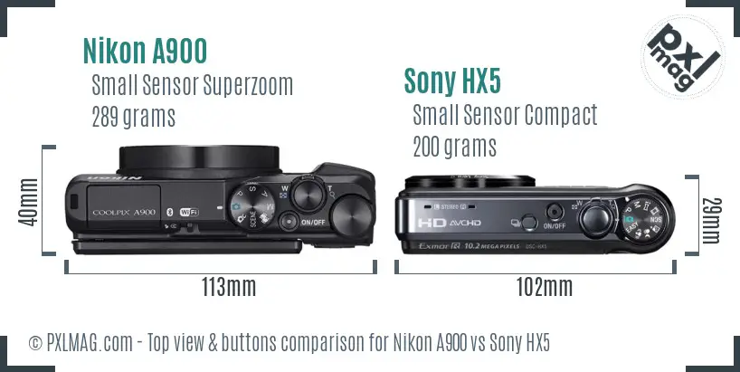 Nikon A900 vs Sony HX5 top view buttons comparison Nikon A900 vs Sony HX5 top view buttons comparison