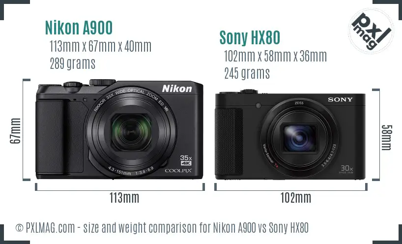 Nikon A900 vs Sony HX80 size comparison