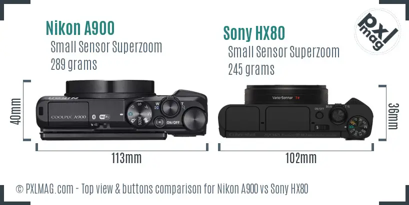Nikon A900 vs Sony HX80 top view buttons comparison