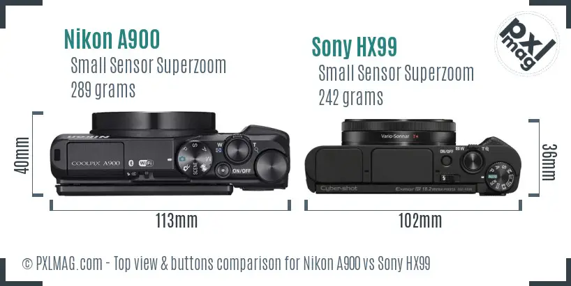 Nikon A900 vs Sony HX99 top view buttons comparison