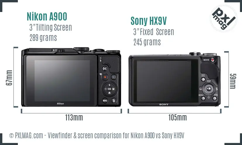 Nikon A900 vs Sony HX9V Screen and Viewfinder comparison