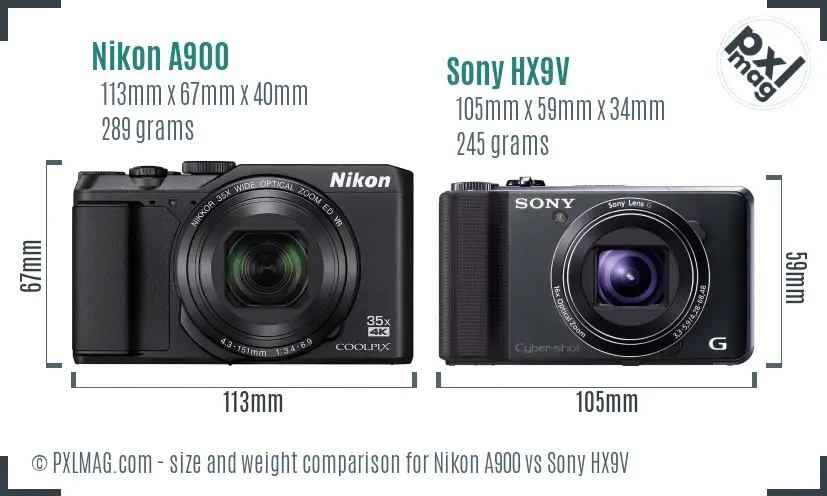 Nikon A900 vs Sony HX9V size comparison